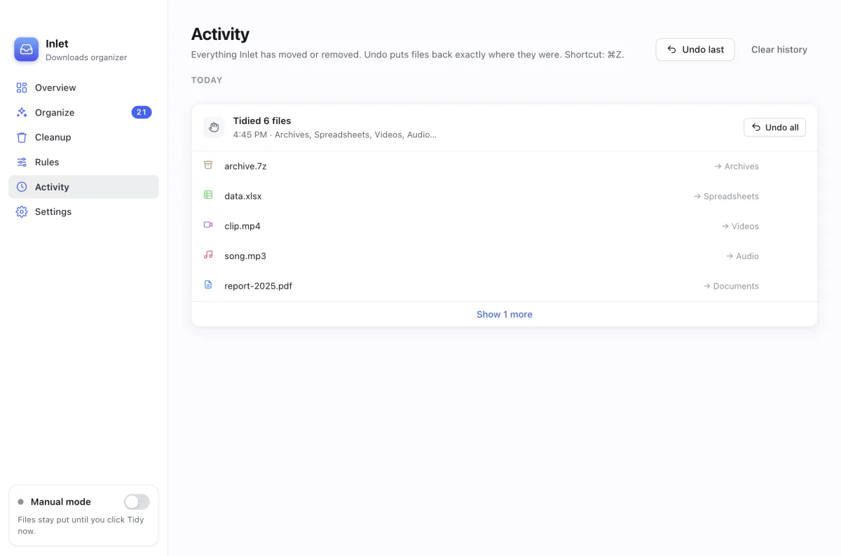 Inlet's Activity screen: a timeline of sorted batches, each with an Undo button.