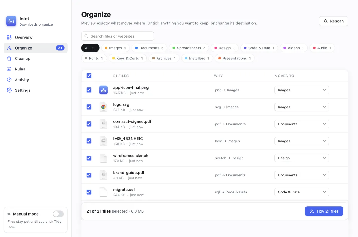 Inlet's Organize screen: a preview list of files, each with the folder it will move to and the reason it matched.